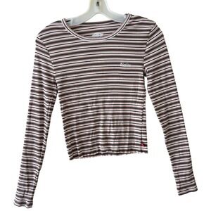 Dickies Shirt Womens Small Pink Gray Striped Ribbed Crop Long Sleeve Skater